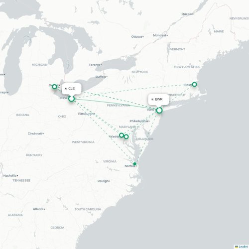 Mapa lotu bezpośredniego Cleveland – Newark