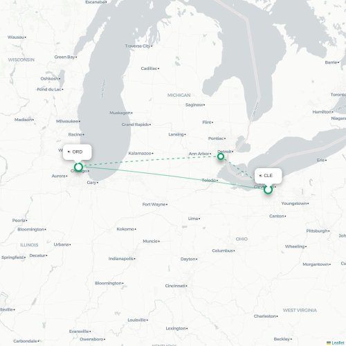 Mapa lotu bezpośredniego Cleveland – Chicago