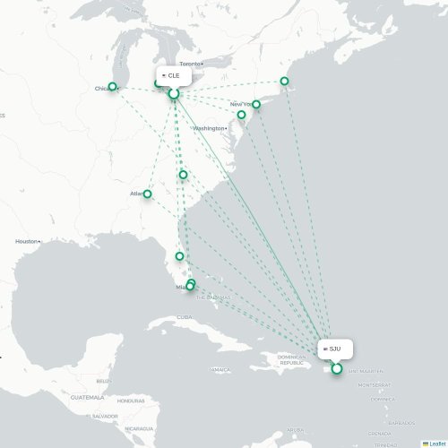 Mapa de vuelo directo Cleveland - San Juan