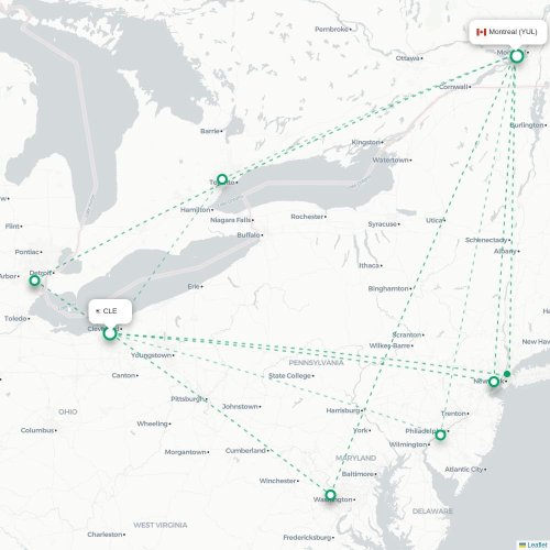 Mapa lotu bezpośredniego Cleveland – Montreal