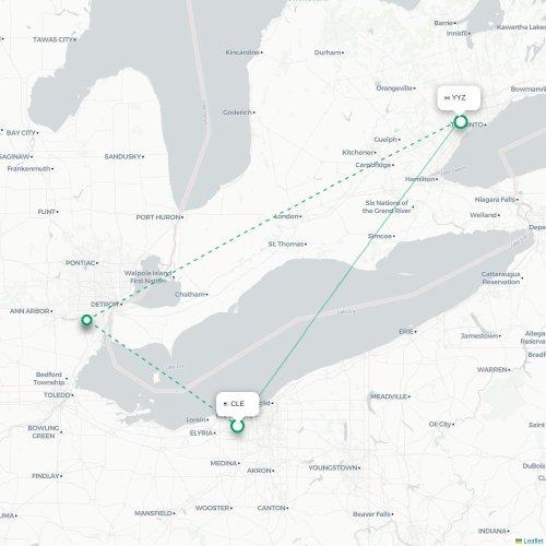 Mapa lotu bezpośredniego Cleveland – Toronto