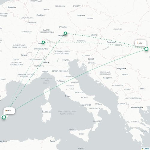 Cluj - Palma de Mallorca kort over direkte fly