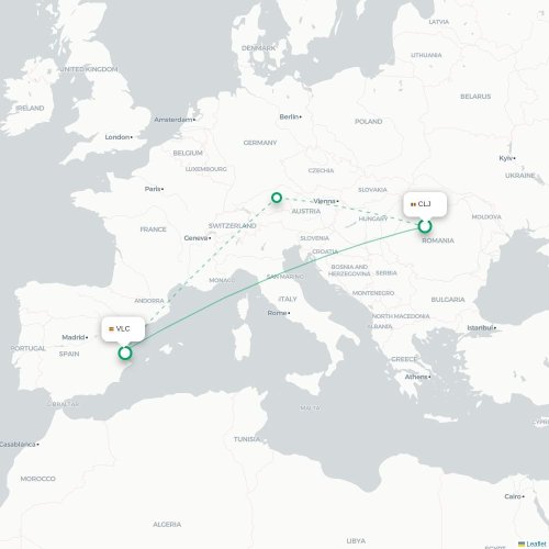 Cluj - Valencia kort over direkte fly