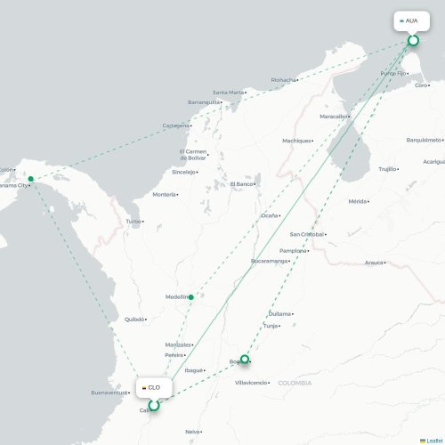 Mapa lotu bezpośredniego Cali – Oranjestad
