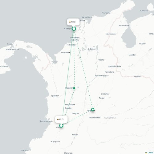 Mapa de vuelo directo Santiago de Cali - Cartagena de Indias