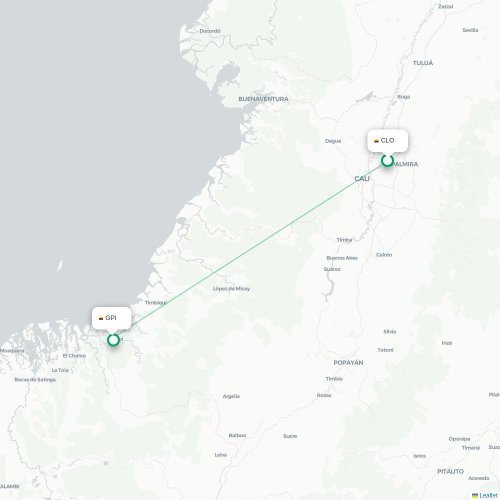 Mapa de vuelo directo Santiago de Cali - Guapi