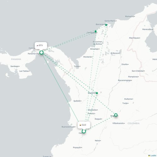 Mapa de vuelo directo Santiago de Cali - Ciudad de Panamá