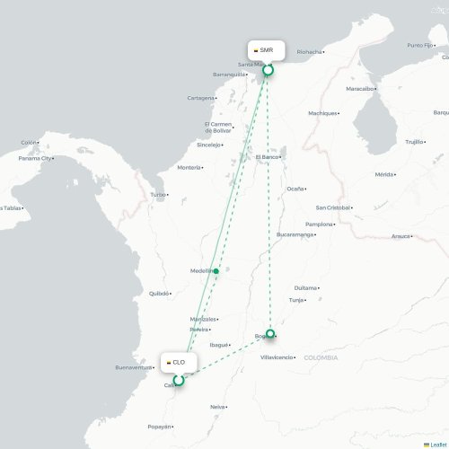 Mapa de vuelo directo Santiago de Cali - Santa Marta