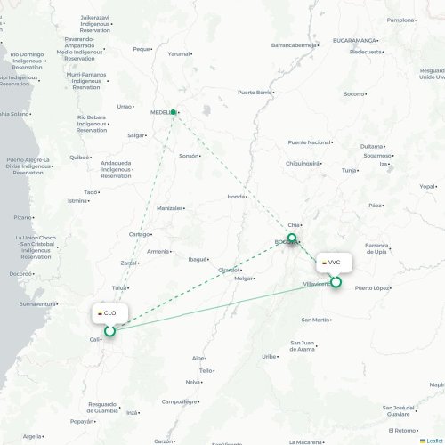 Cali - Villavicencio kort over direkte fly