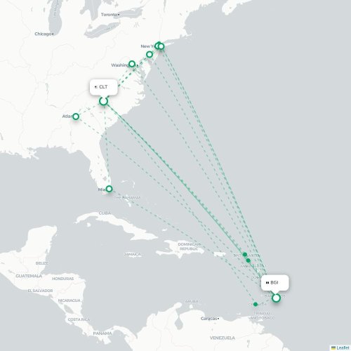 Mapa lotu bezpośredniego Charlotte – Bridgetown