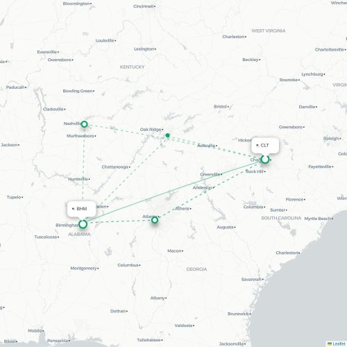 Mapa de vuelo directo Charlotte - Birmingham