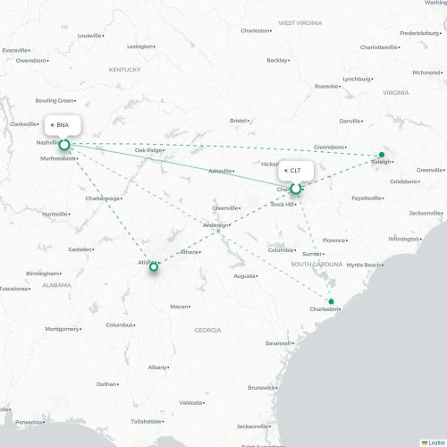 Mapa lotu bezpośredniego Charlotte – Nashville
