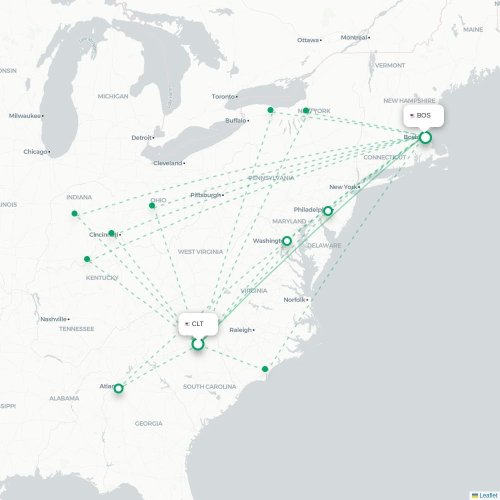 Mapa de vuelo directo Charlotte - Boston