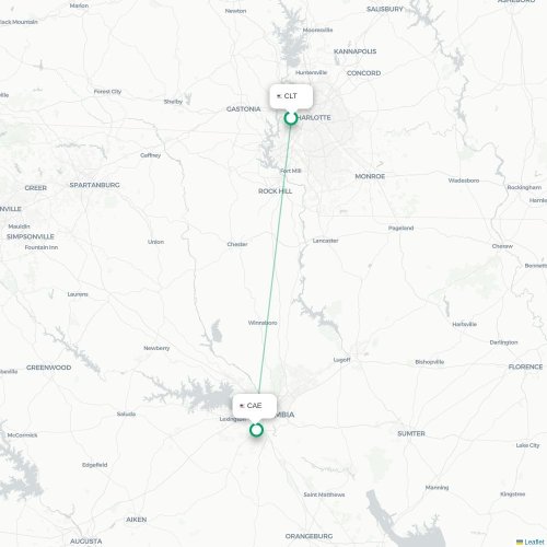 Mapa de vuelo directo Charlotte - Columbia