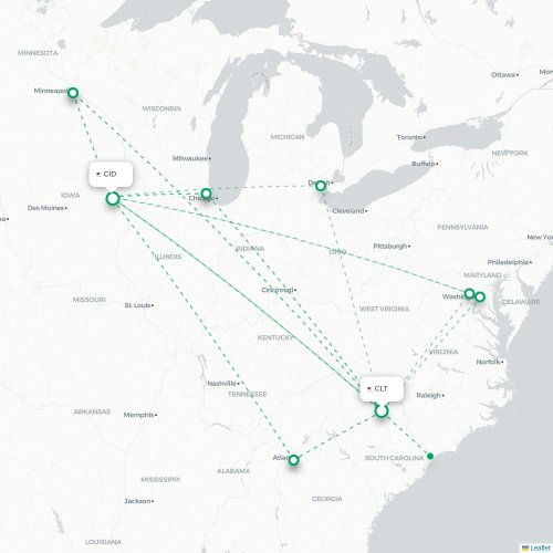 Mapa de vuelo directo Charlotte - Cedar Rapids