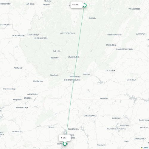 Mapa de vuelo directo Charlotte - Clarksburg