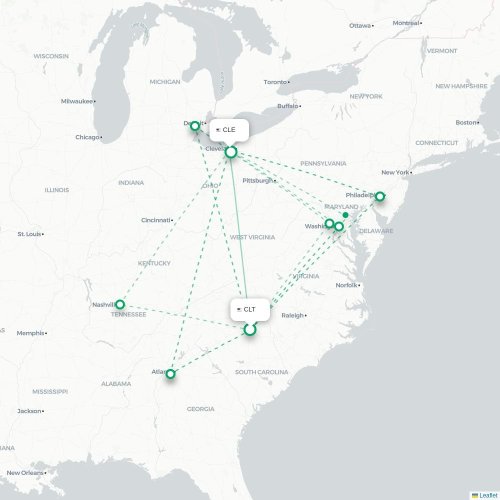 Mapa lotu bezpośredniego Charlotte – Cleveland