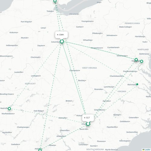 Mapa lotu bezpośredniego Charlotte – Columbus