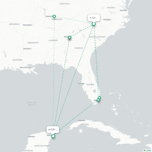 Mapa lotu bezpośredniego Charlotte – Cancún