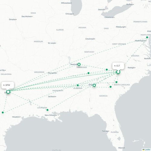 Mapa lotu bezpośredniego Charlotte – Dallas