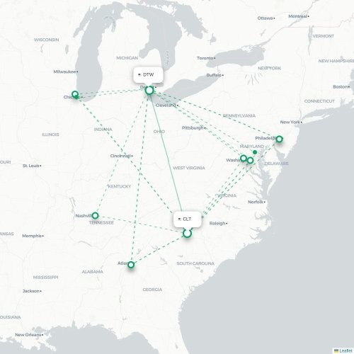 Mapa de vuelo directo Charlotte - Detroit