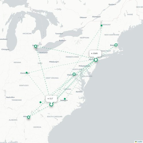 Mapa de vuelo directo Charlotte - Newark