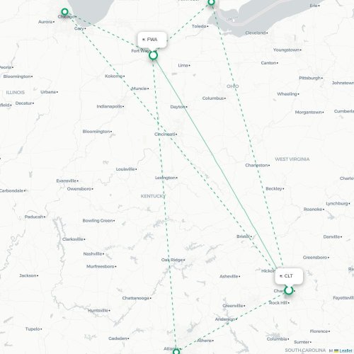Mapa de vuelo directo Charlotte - Fort Wayne