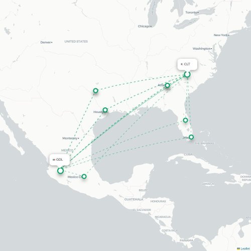 Mapa lotu bezpośredniego Charlotte – Guadalajara