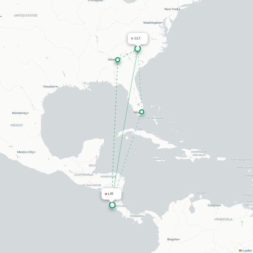 Mapa de vuelo directo Charlotte - Liberia