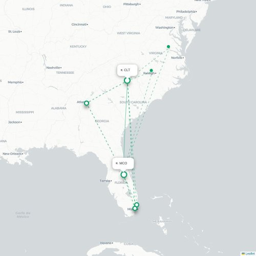 Mapa de vuelo directo Charlotte - Orlando
