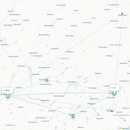 Mapa de vuelo directo Charlotte - Memphis