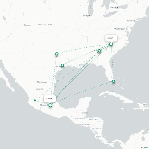 Mapa lotu bezpośredniego Charlotte – Meksyk
