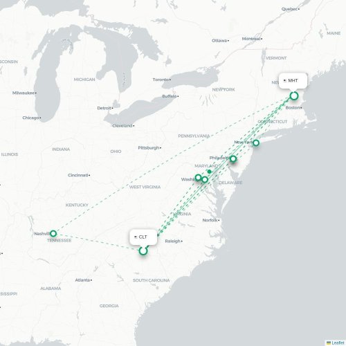 Mapa lotu bezpośredniego Charlotte – Manchester