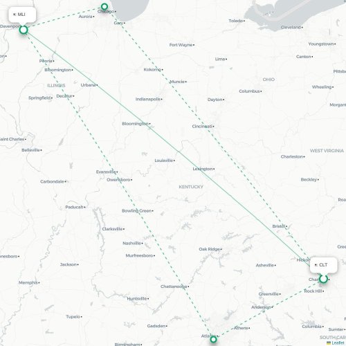 Mapa lotu bezpośredniego Charlotte – Moline