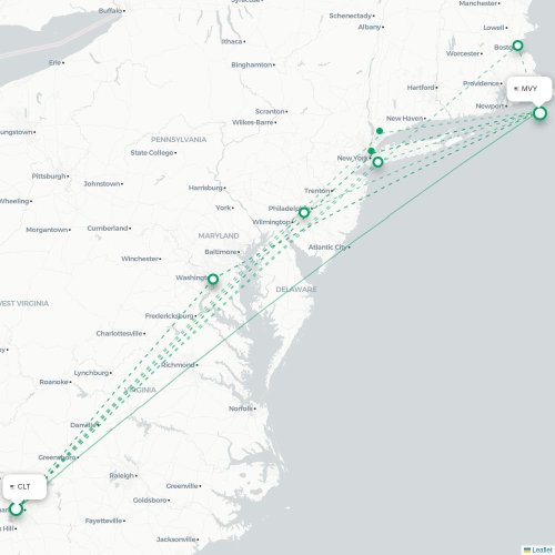 Mapa de vuelo directo Charlotte - West Tisbury