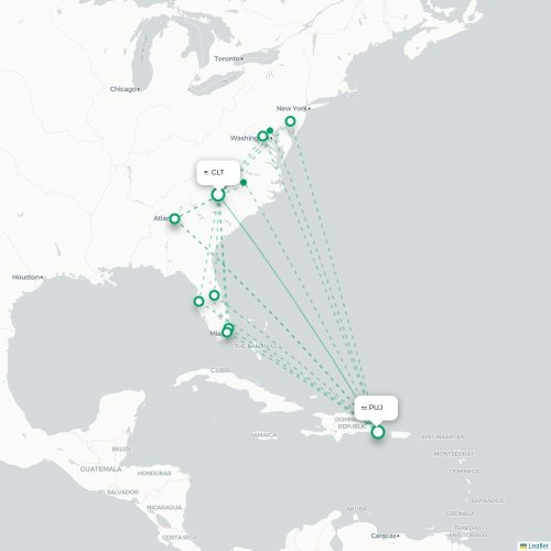 Mapa lotu bezpośredniego Charlotte – Punta Cana