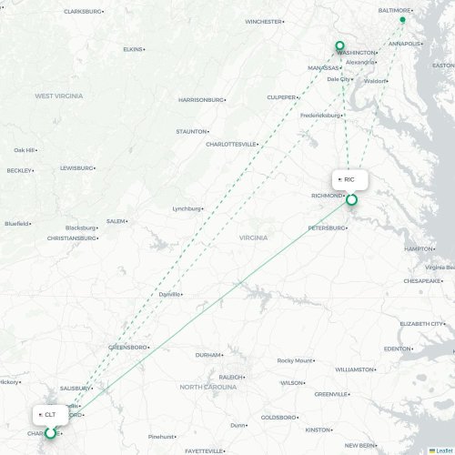 Mapa lotu bezpośredniego Charlotte – Richmond