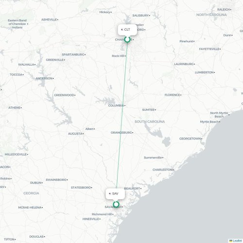 Mapa lotu bezpośredniego Charlotte – Savannah