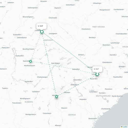 Mapa lotu bezpośredniego Charlotte – Louisville