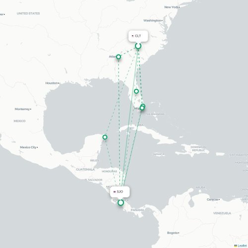 Mapa de vuelo directo Charlotte - San José