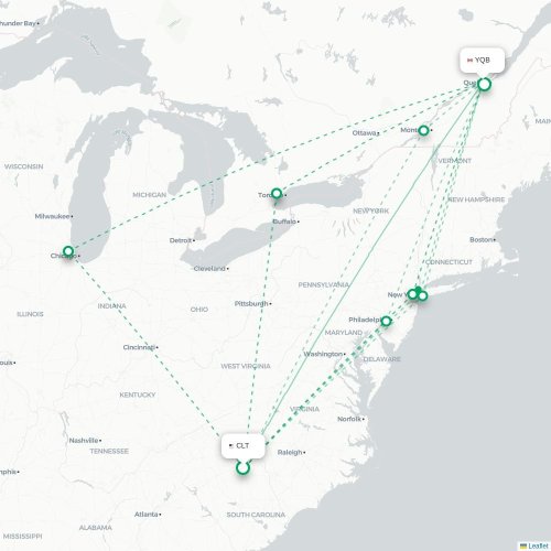Mapa de vuelo directo Charlotte - Quebec