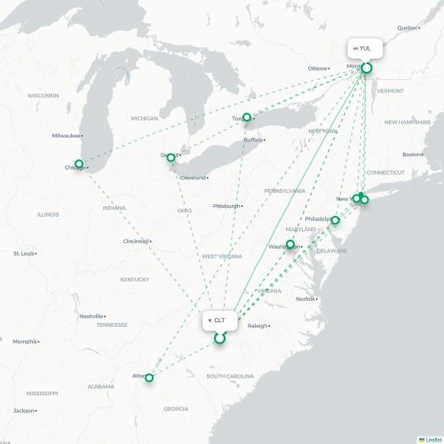 Mapa de vuelo directo Charlotte - Montreal