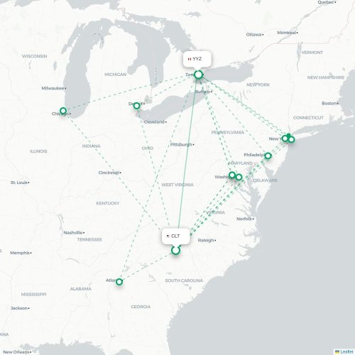 Mapa de vuelo directo Charlotte - Toronto