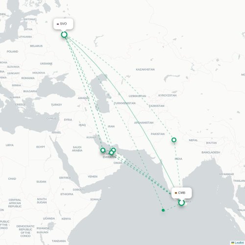 Mapa lotu bezpośredniego Kolombo – Moskwa