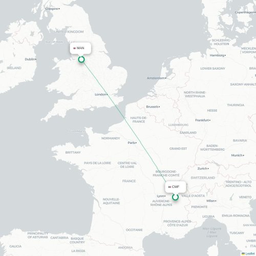 Mapa de vuelo directo Chambéry - Mánchester