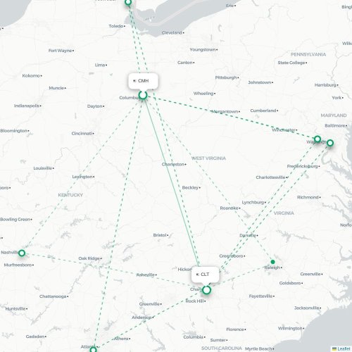 Mapa lotu bezpośredniego Columbus – Charlotte