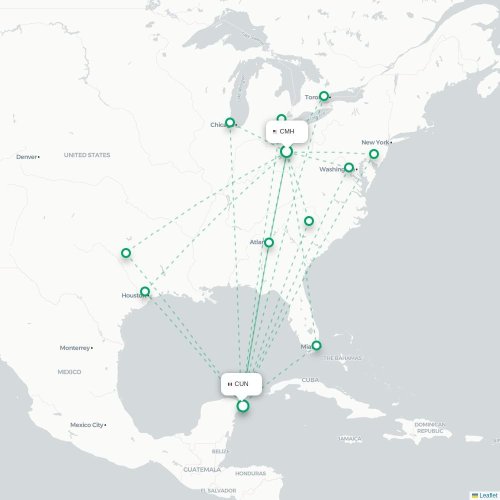 Mapa lotu bezpośredniego Columbus – Cancún