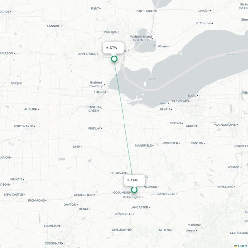 Columbus – Detroit suoran lennon kartta