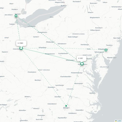 Mapa lotu bezpośredniego Columbus – Waszyngton