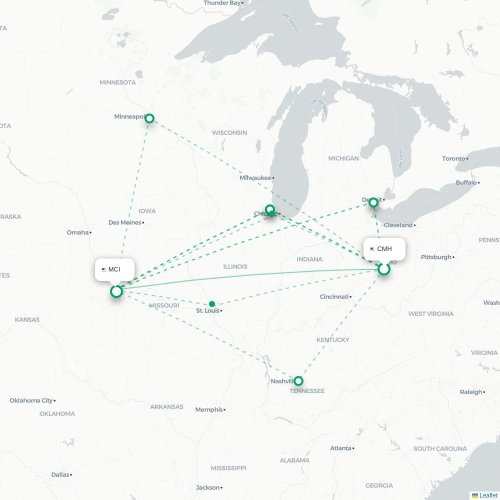 Mapa lotu bezpośredniego Columbus – Kansas City